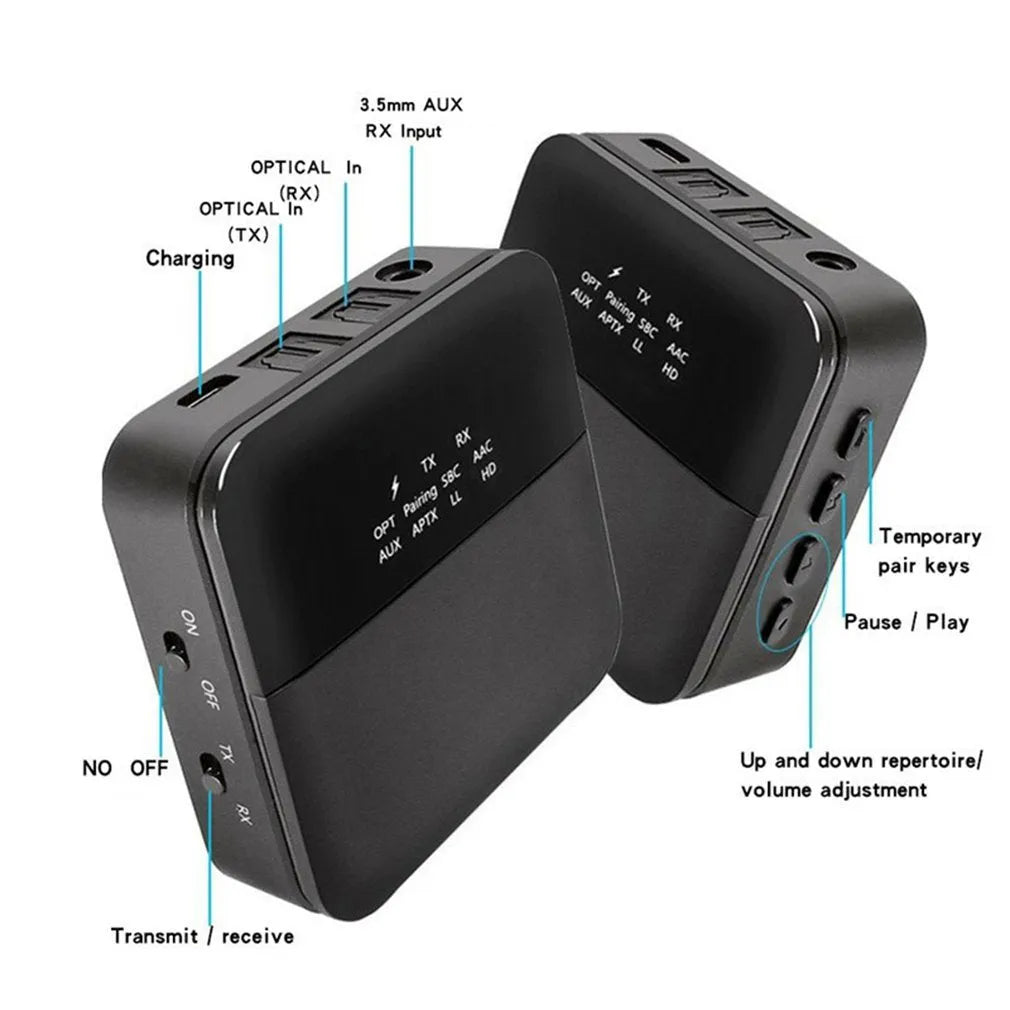 Black CSR8675 Bluetooth 5.0 two-in-one adapter with SPDIF and AUX ports, 600mAh battery