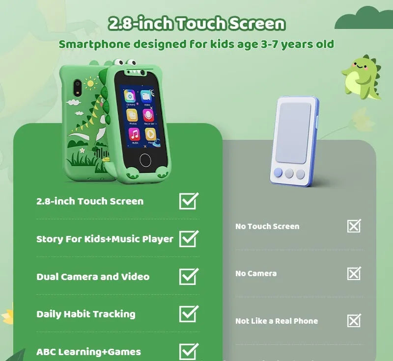 Blue educational toy mobile phone with silicone case showing touch screen and camera functions