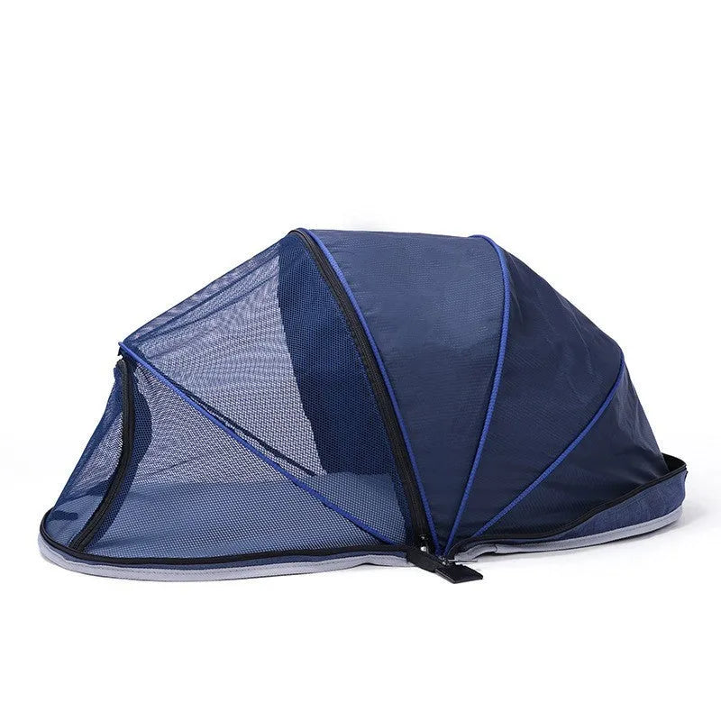 Foldable L code cat tent with half mesh ventilation panels in blue colour option