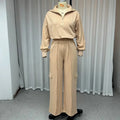 Women's light camel polyester lapel short sleeve top and wide leg trousers two-piece set on a hanger.