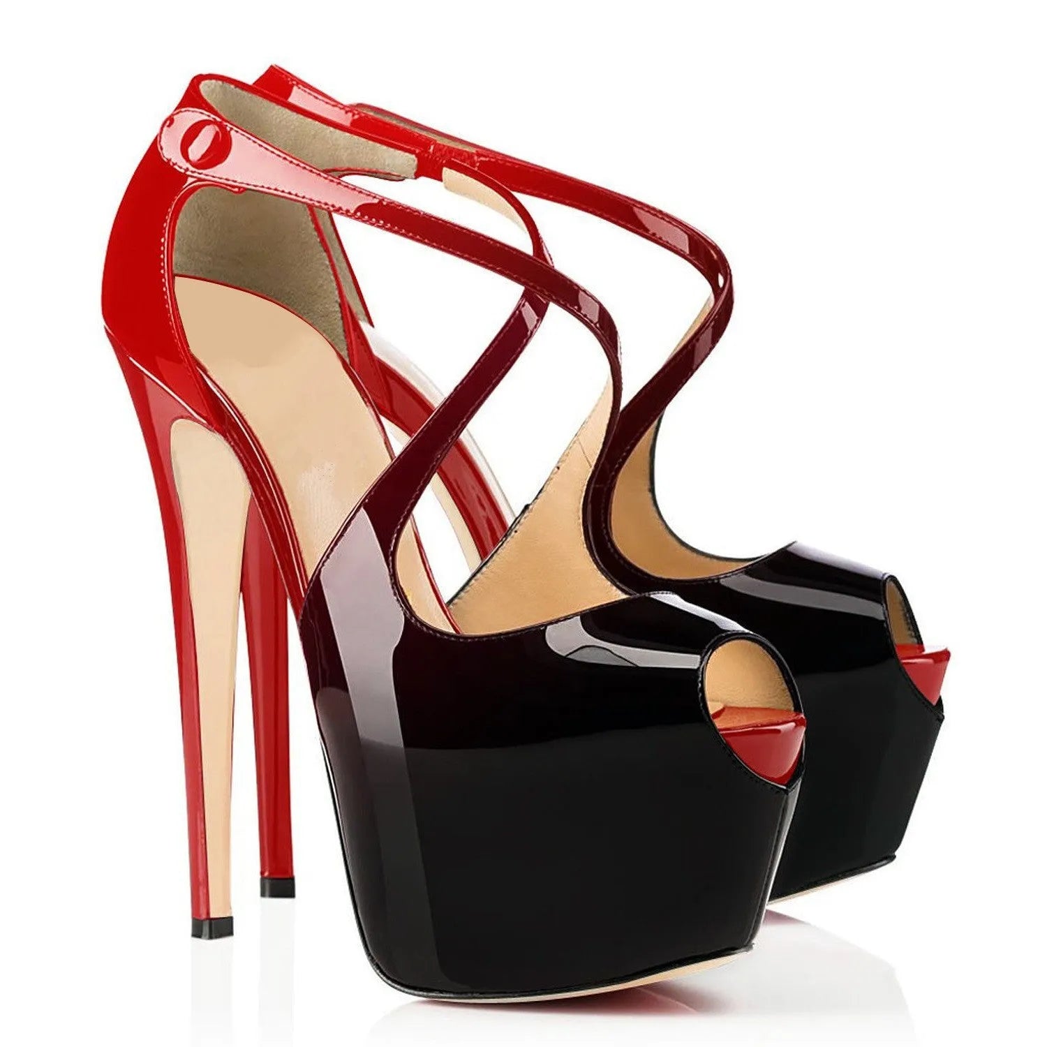 Black and red women's peep toe high heel shoes with cross ankle straps and a high heel
