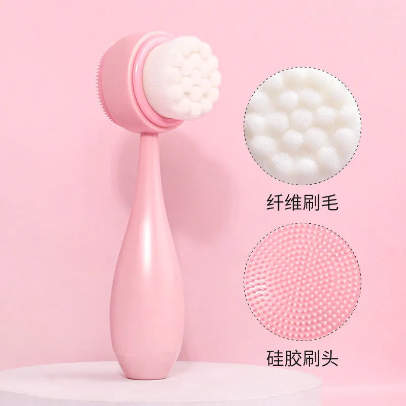 Facial brush and coral fleece hair band set in purple, grey, white, and pink colours.