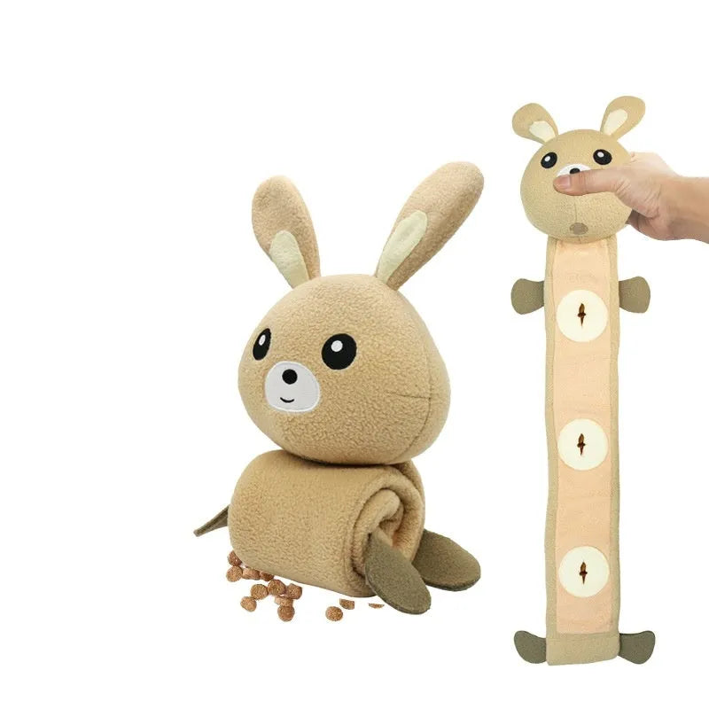 Poached bunny coloured plush dog toy with food compartments measuring 650mm long