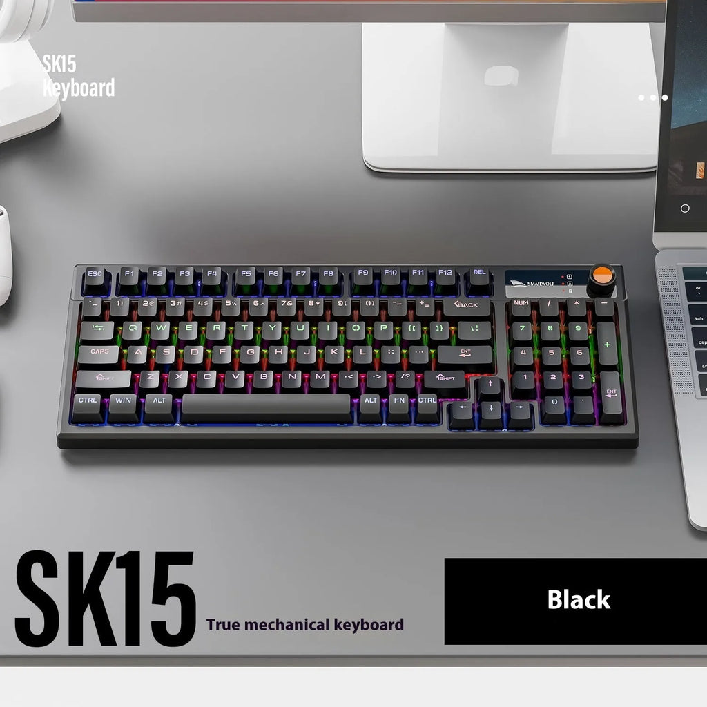 SK15 compact wired mechanical keyboard with mixed light green switches in sunset orange colour