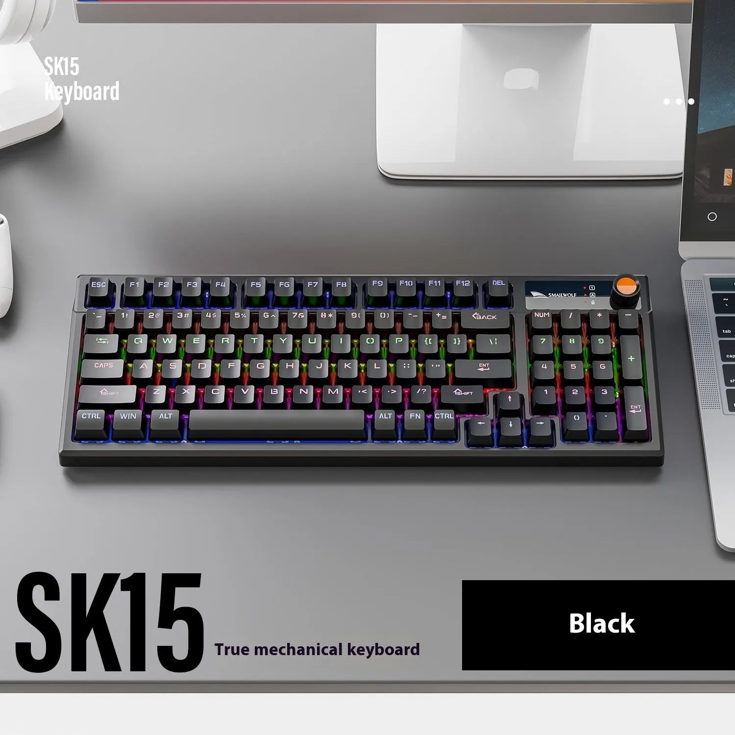 SK15 compact wired mechanical keyboard with mixed light green switches in sunset orange colour