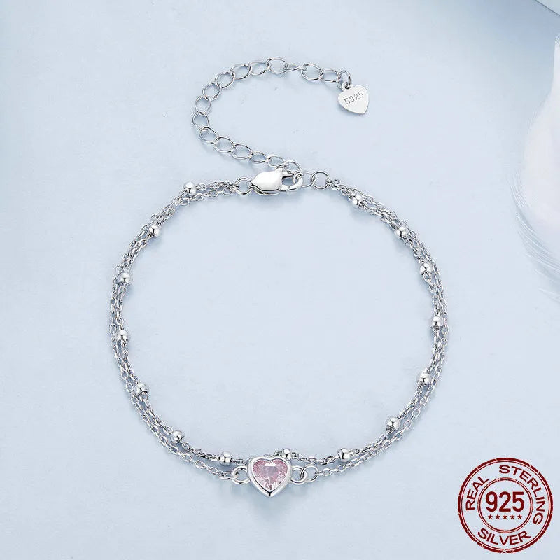 Women's 925 sterling silver heart bracelet with 150+60mm chain and 6mm pendant