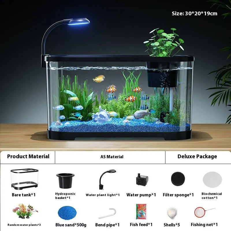 Luxury White desktop fish tank with integrated ecological landscape filter and oxygen system on a wooden table.