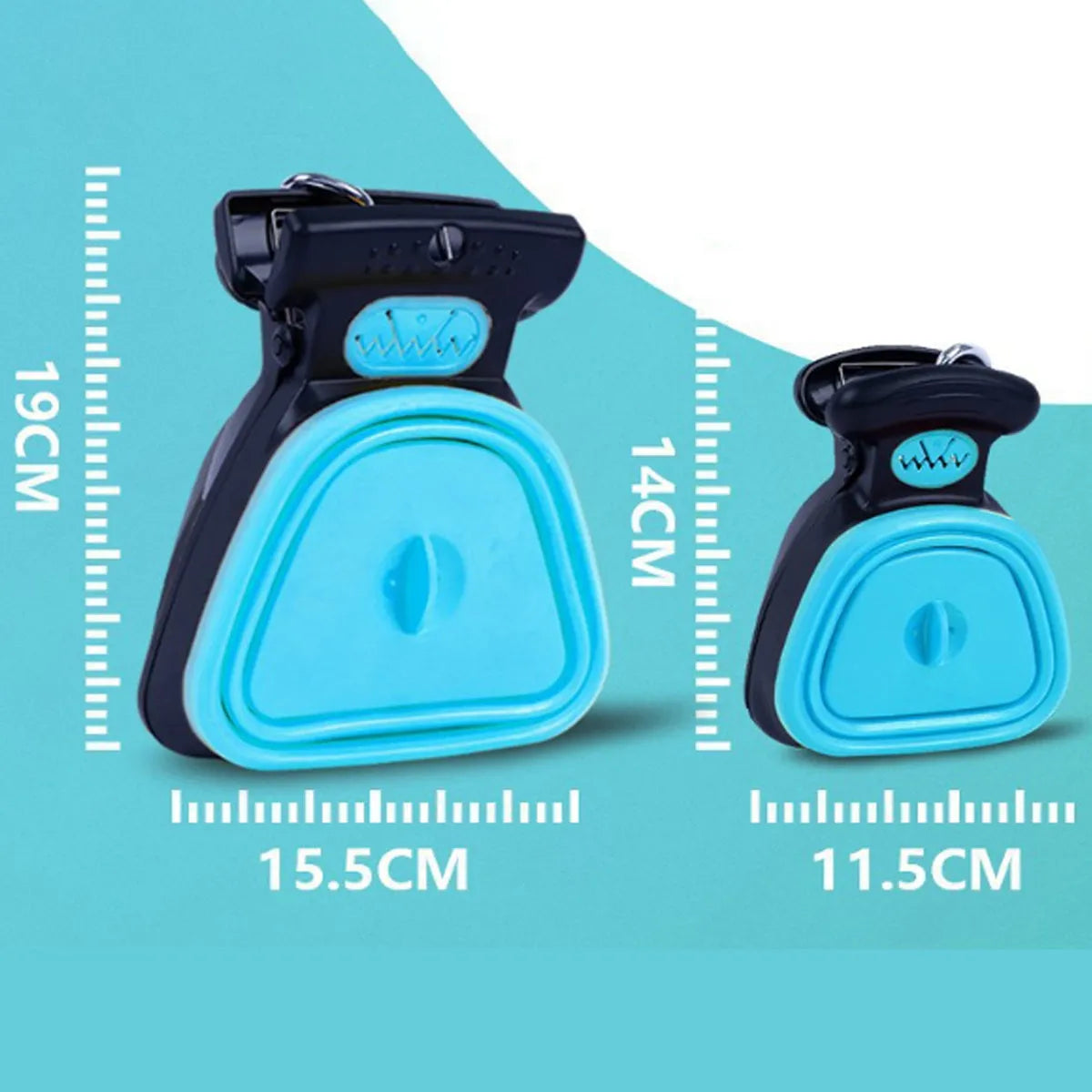 Blue expandable pooper scooper with clip attachment for dog waste cleanup