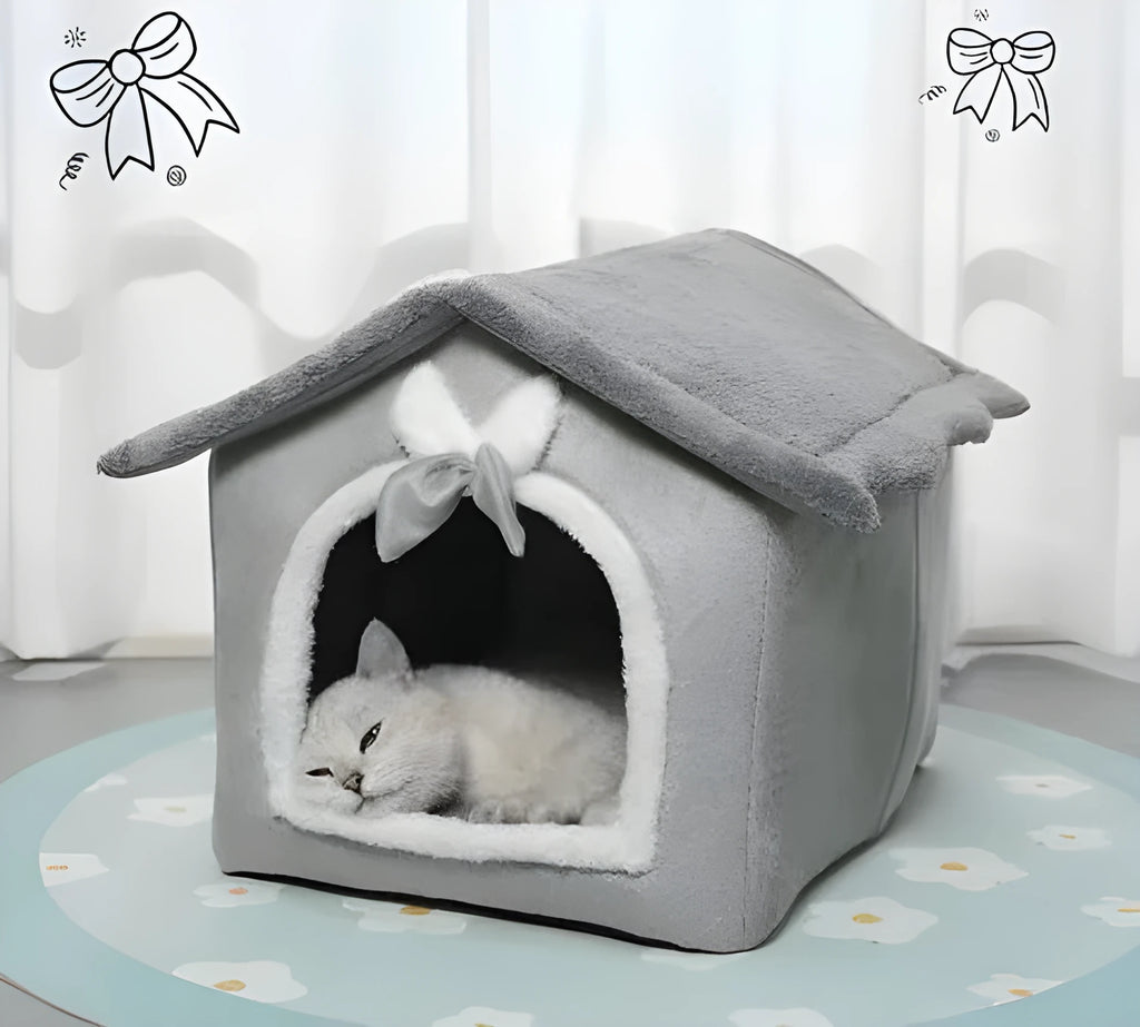 Small plush PP cotton pet house nest with bowknot design for cats and small dogs, winter warm indoor use