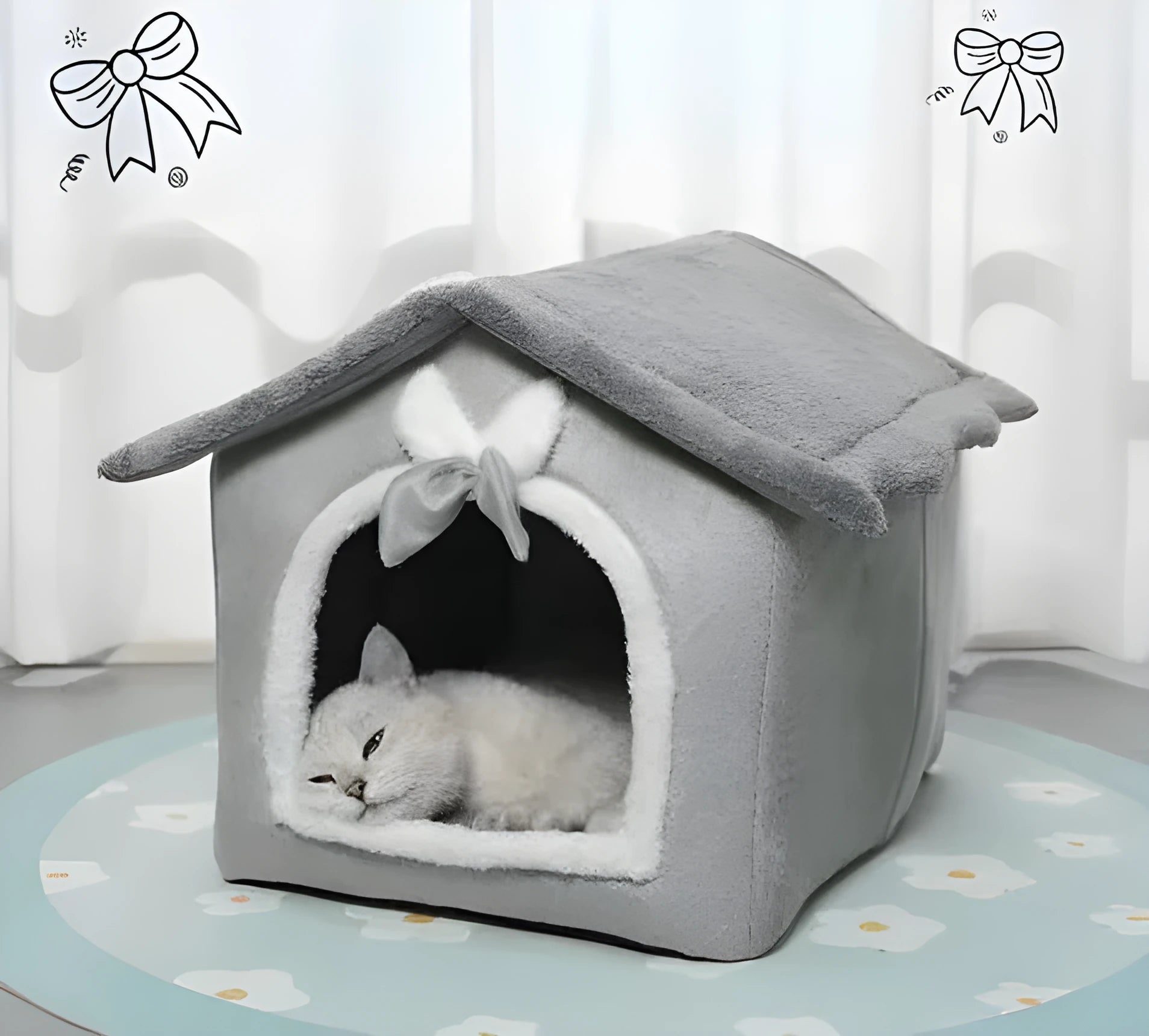 Small plush PP cotton pet house nest with bowknot design for cats and small dogs, winter warm indoor use