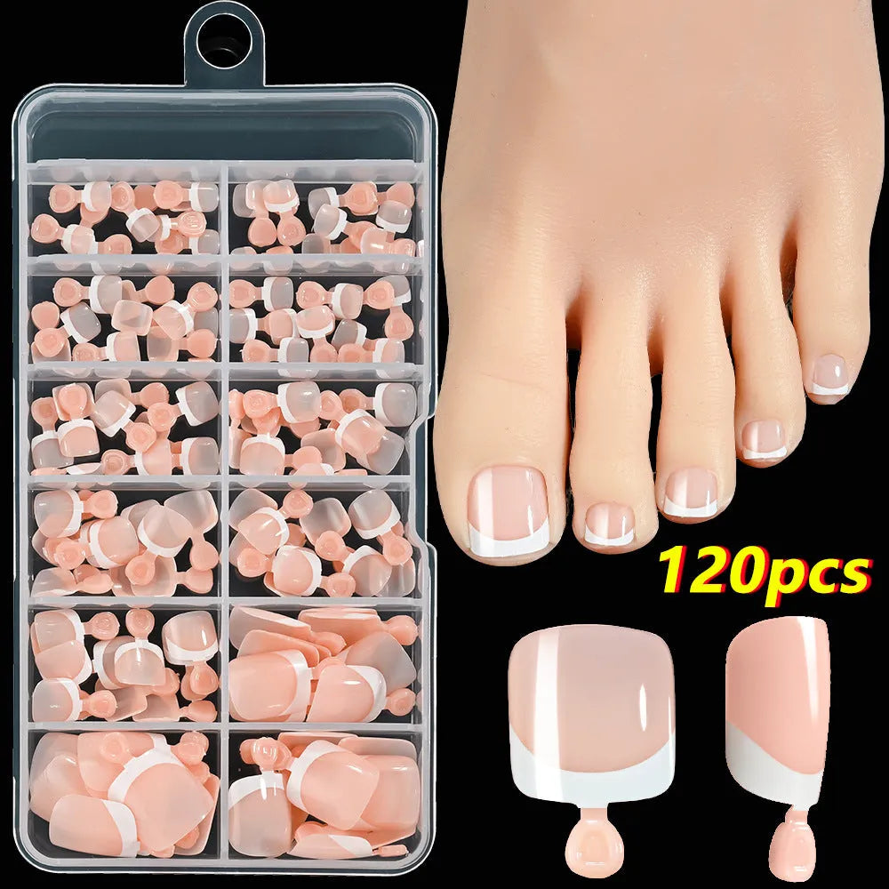 120 pieces box of French white edge short full square toe nail pieces for ladies in multiple colours