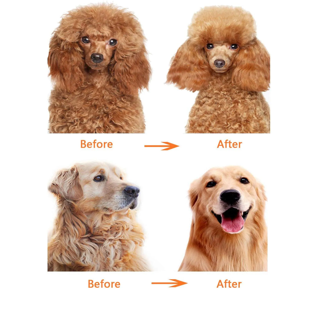 Red plastic handle pet grooming comb with dual-length stainless steel teeth for removing mats and tangles.