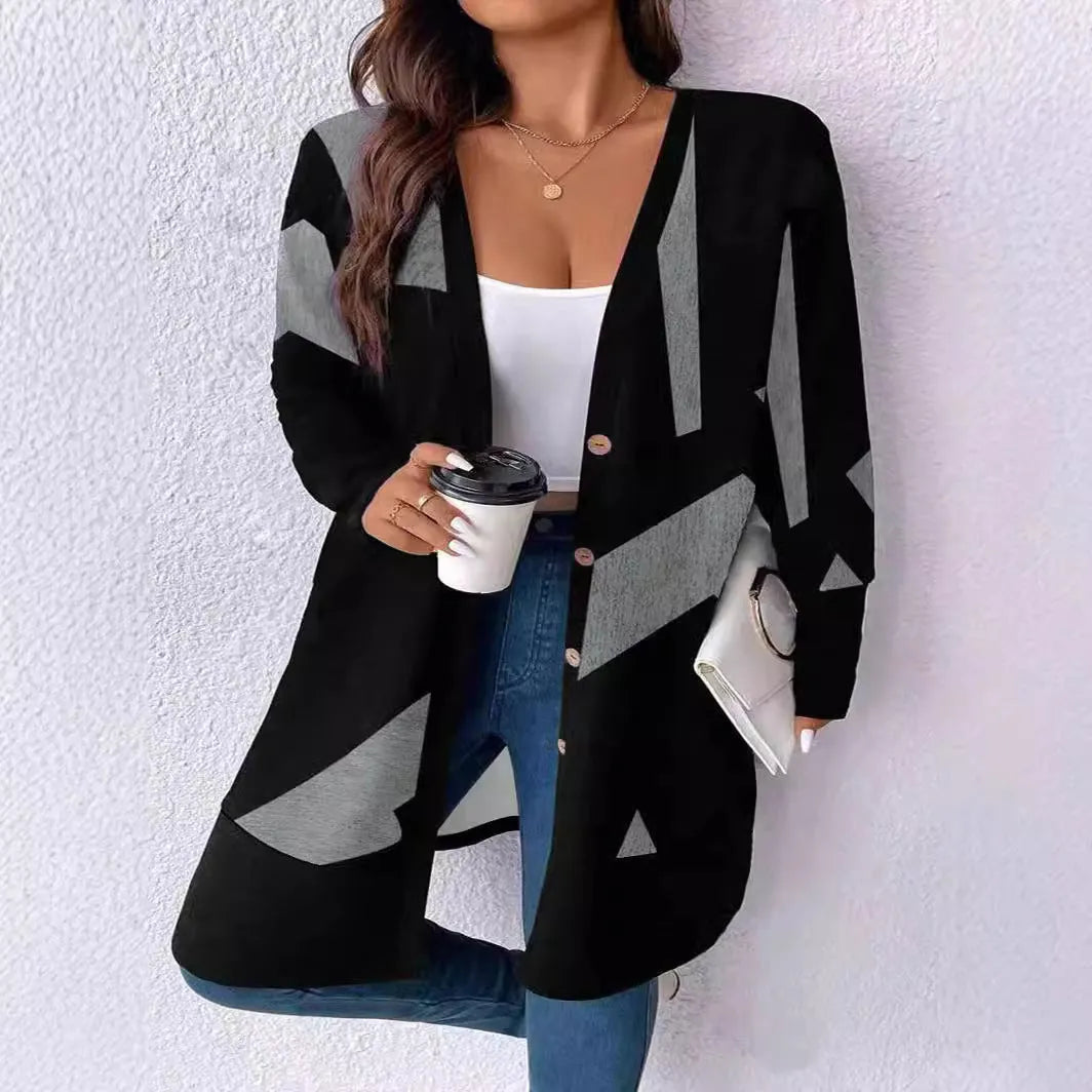 Black plus size cardigan coat with button stitching printing design on polyester fabric