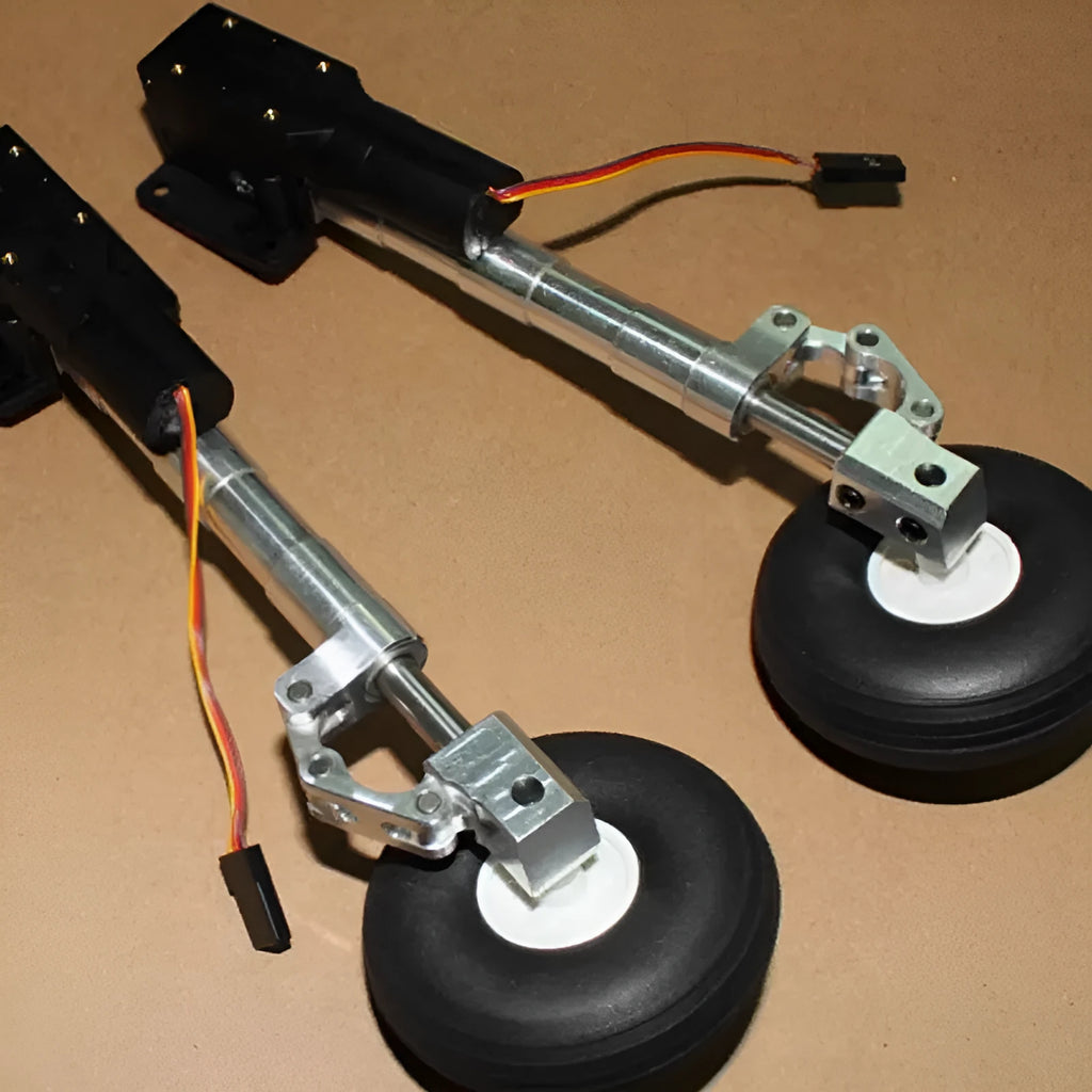 Alloy retractable landing gear for electric toy aircraft with shock absorption and wheel options