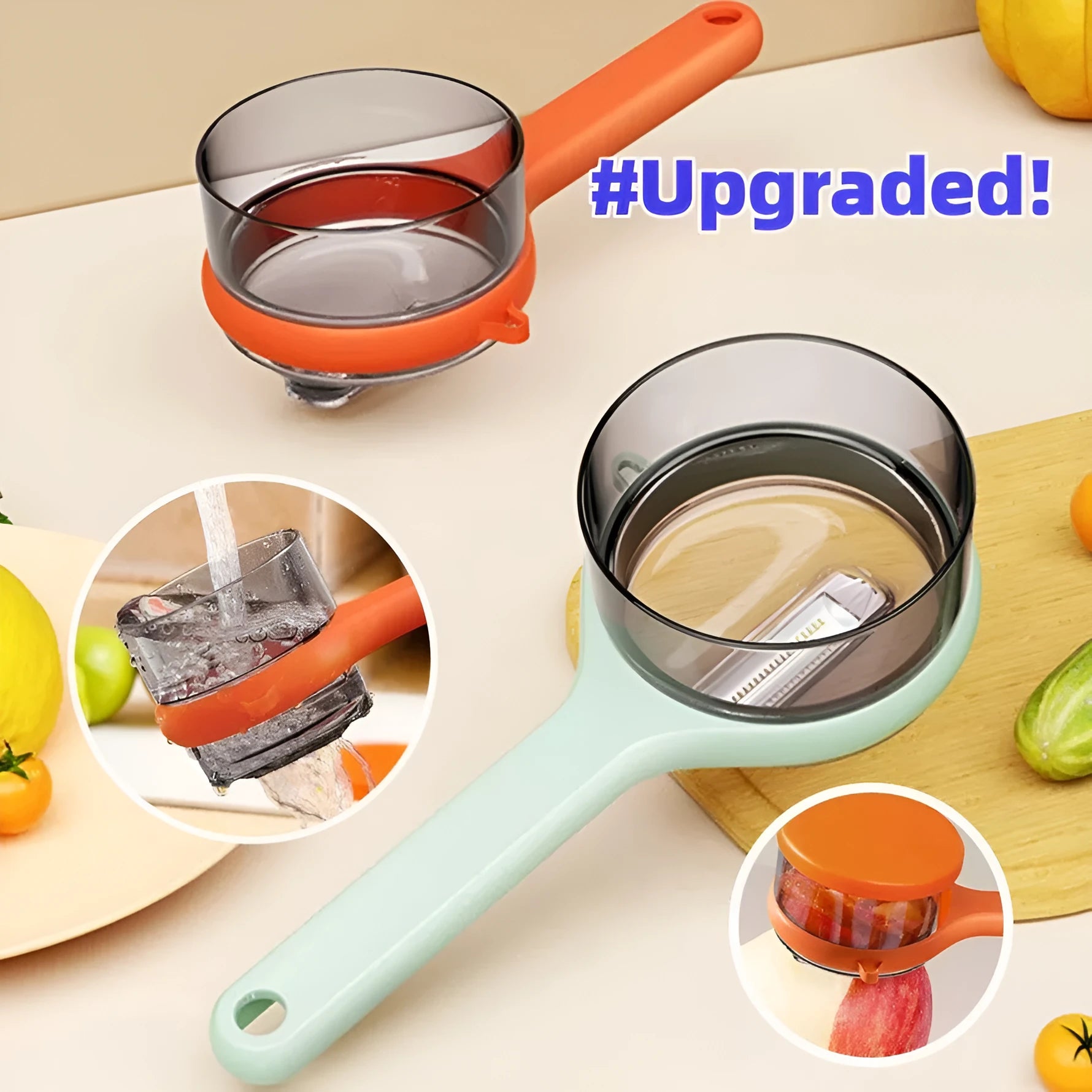 Kitchen peeler with integrated storage bucket in light green colour