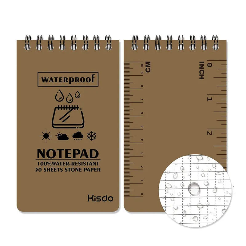 Spiral-bound waterproof office notepad with stone paper, shown in camouflage colour option.
