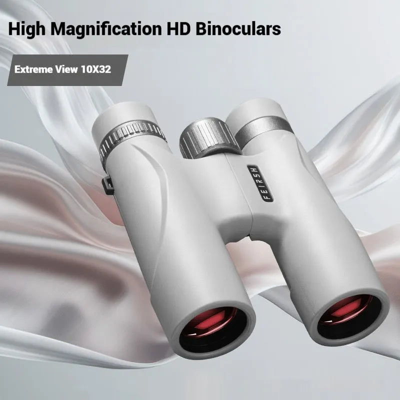 Compact 10x32 binoculars with wine red film imaging in blue or grey plastic housing