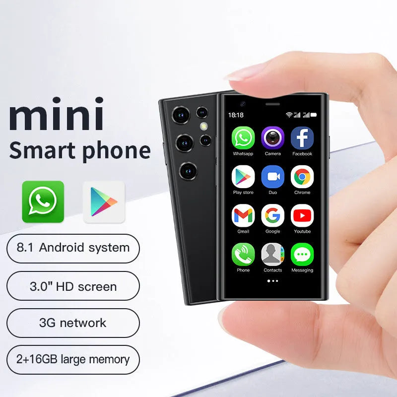 Mini Android smartphone with 3.0-inch screen in black, green or pink purple colours showing quad-core processor and 3G/WIFI connectivity