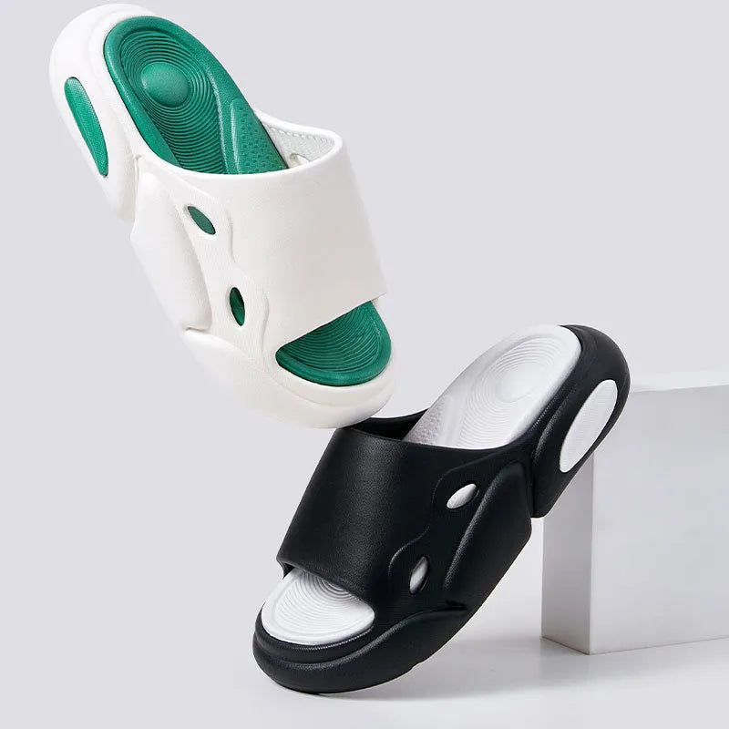 Women's thick-soled EVA couples slippers in two-colour designs with leather lining