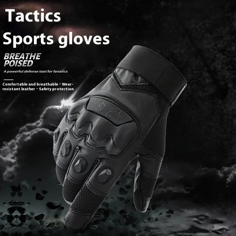 Men's black tactical training full finger gloves with touchscreen fingertips and knuckle protection