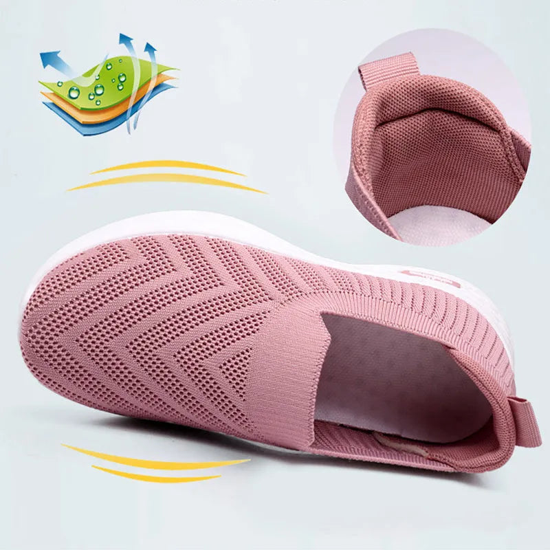 Women's casual mesh slip-on shoes, breathable sock style, soft plastic sole, available in black grey khaki pink