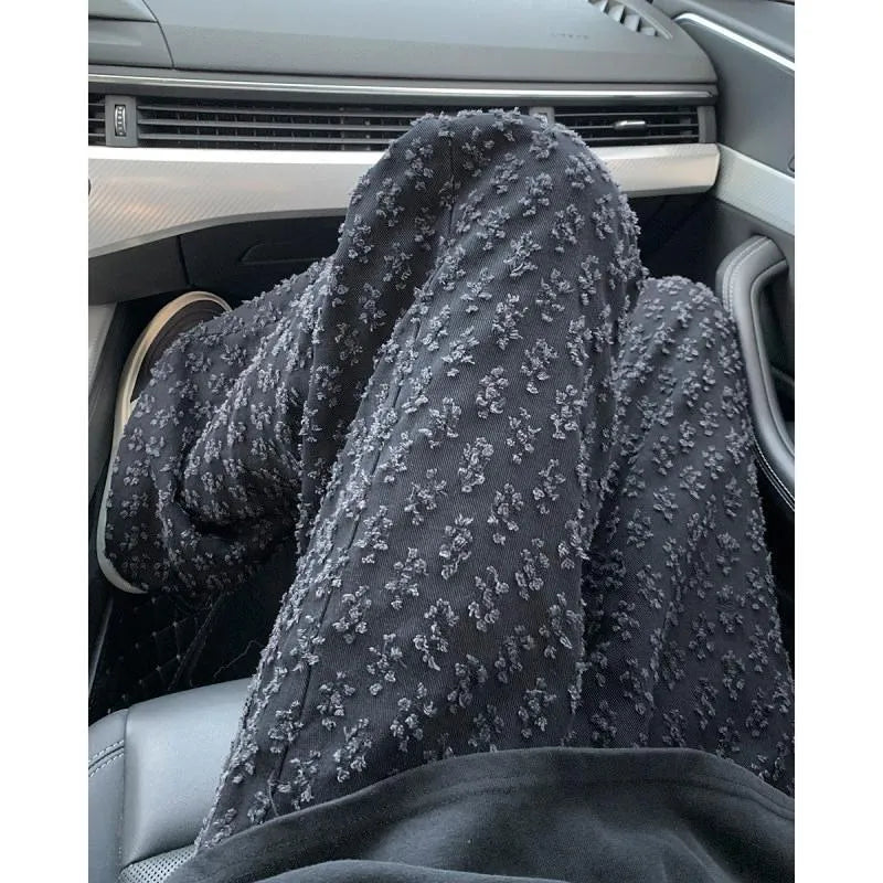 Black jacquard full-print denim jeans for men, casual streetwear long pants with button fly