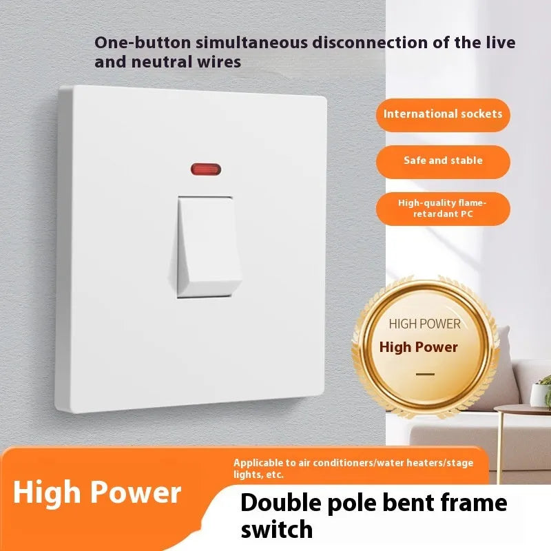 High-current double-break electrical switch with light panel in white finish, showing terminals.