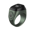 Zikr1 smart ring in silver on a finger, showing the OLED display and single CNC button.