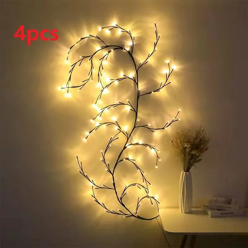 Flexible LED willow vine garland with birch bark texture and 144 warm white lights on 2.3m branch