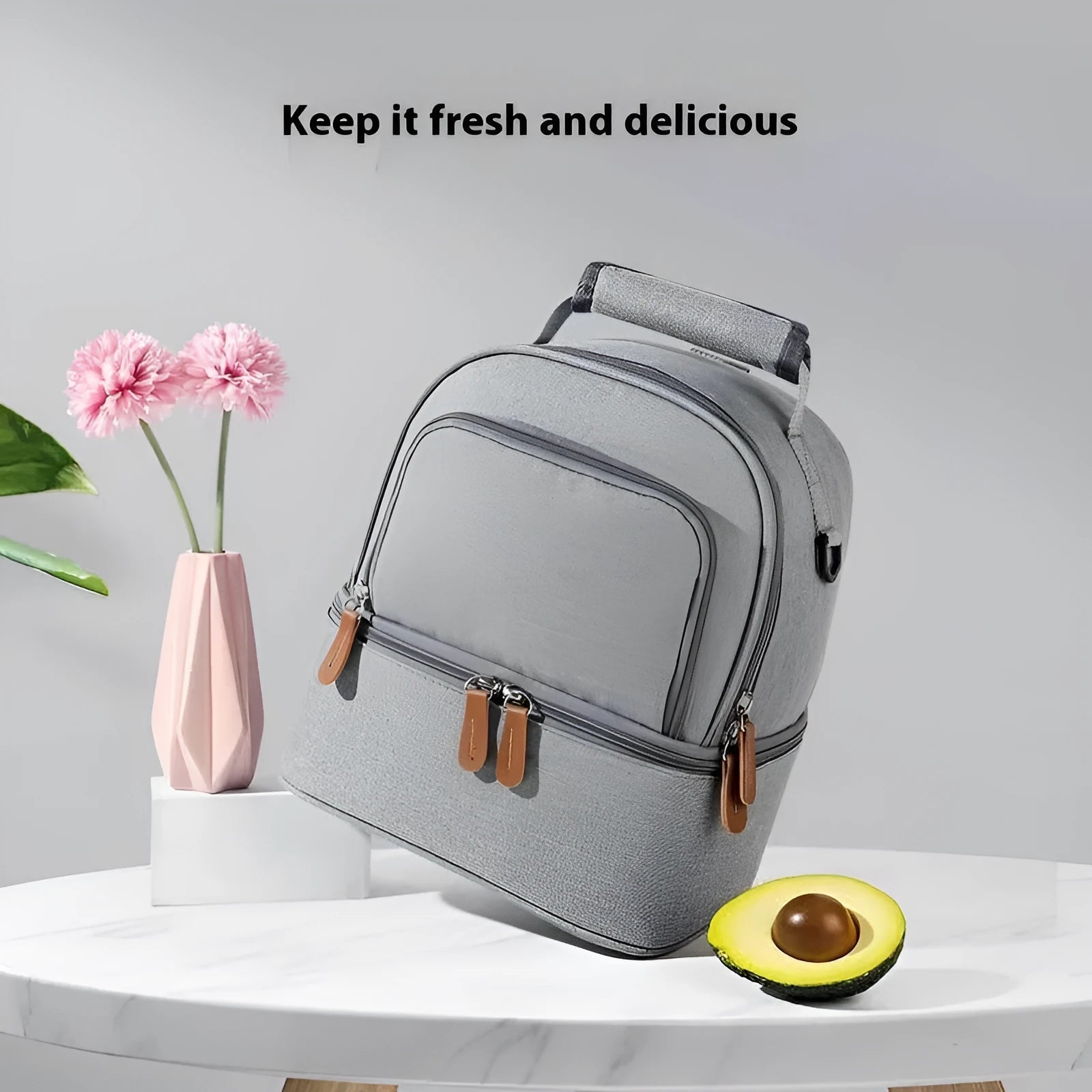 Grey women's thermal insulation backpack with adjustable curved shoulder straps