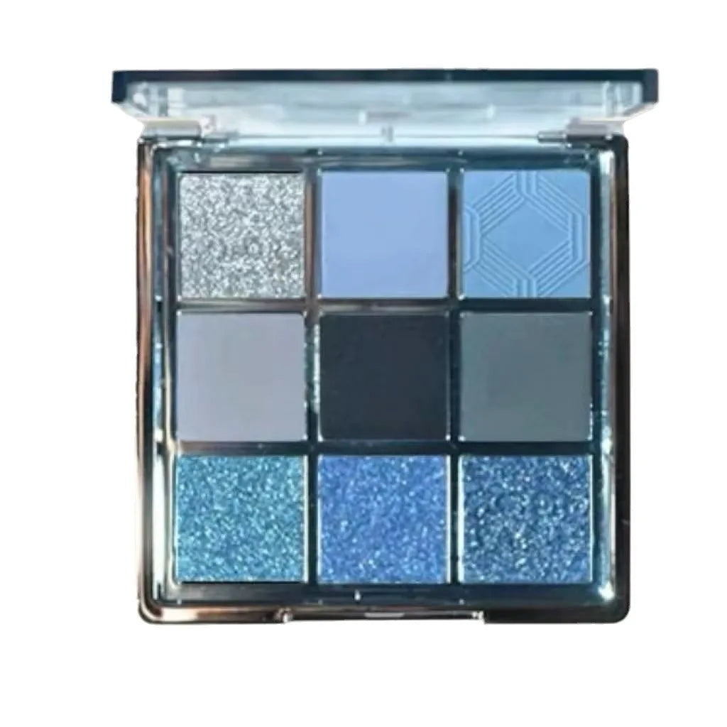 MUGELEEN 08 nine-colour eye shadow palette showing blue smoked tones with matte and shimmer finishes
