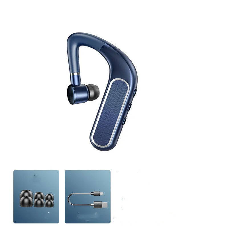 Black Bluetooth hanging-ear earphones with silicone ear caps, shown alongside charging cable and additional ear cap sizes