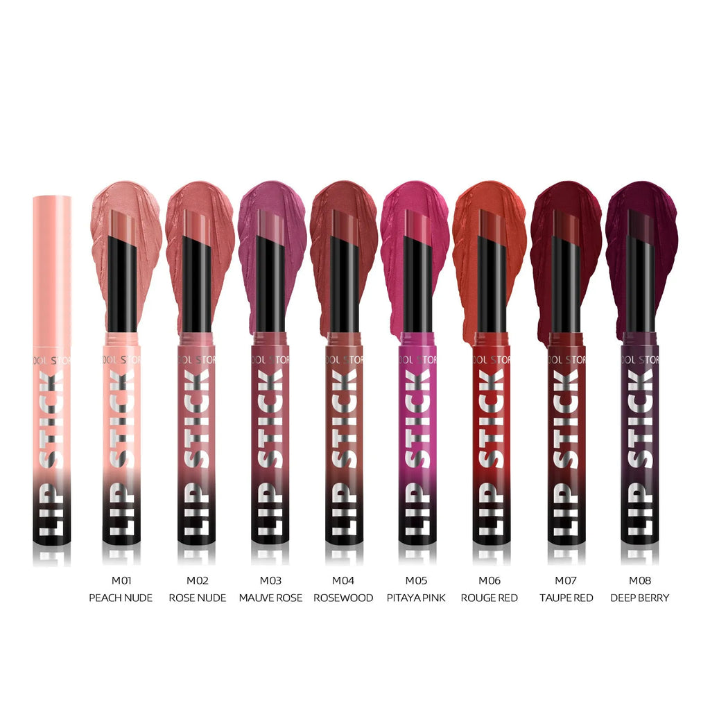 Dual-use lipstick and light gloss stick in a choice of eight colours with 2g net content.