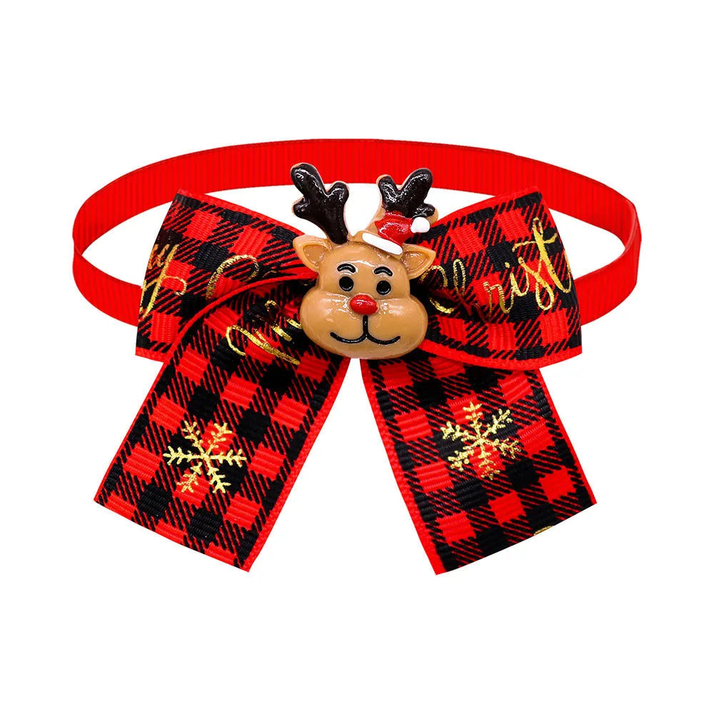 Red and green British style polyester bow tie accessory with elastic band for pet, doll or Christmas tree.