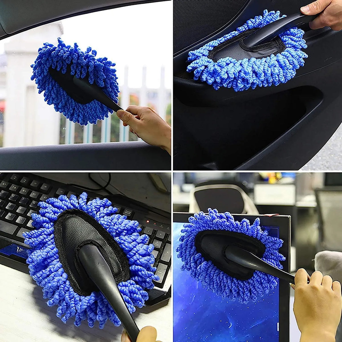 Car dust collector with retractable handle and five microfiber dusting brushes for car and home cleaning