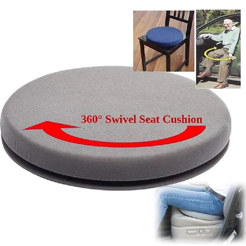 A grey rotating car seat cushion with a short plush cover, shown on a car seat.