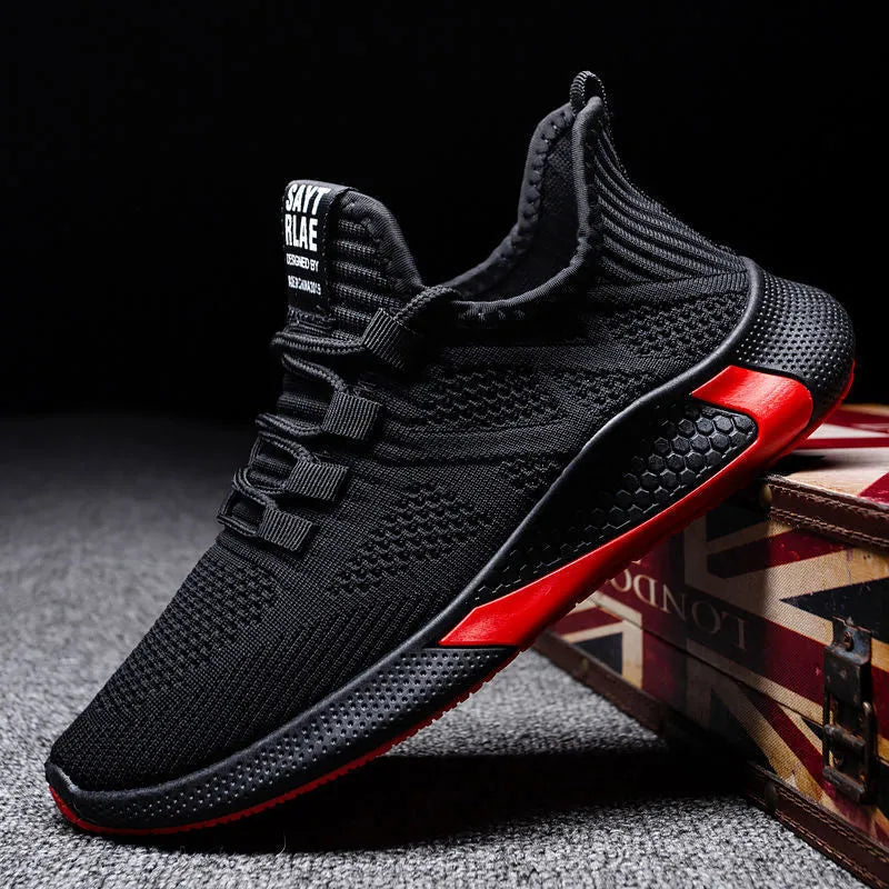 Men's lace up fly woven mesh breathable casual shoes in black with low square heel