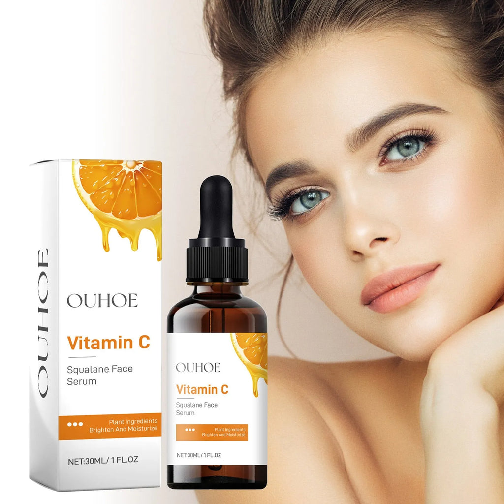 Squalane face serum in a clear PET bottle with ingredients including vitamin C, hyaluronic acid, and collagen
