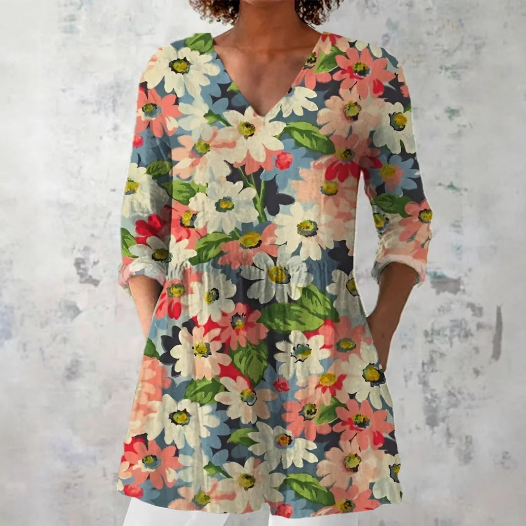Women's retro slim fit printed long-sleeved top in a colour style variant.