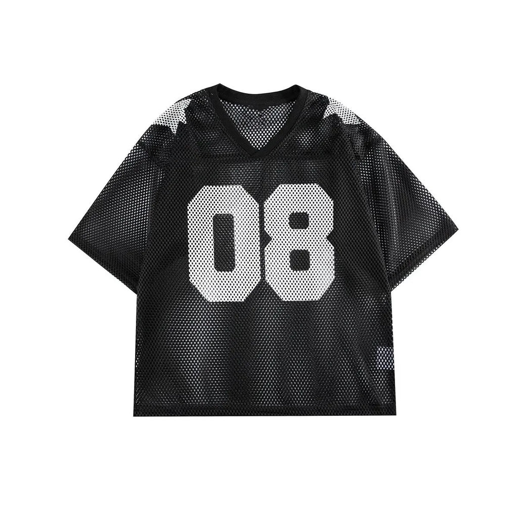 Black half sleeve shirt with white letter pattern, loose fit pullover style for men and women