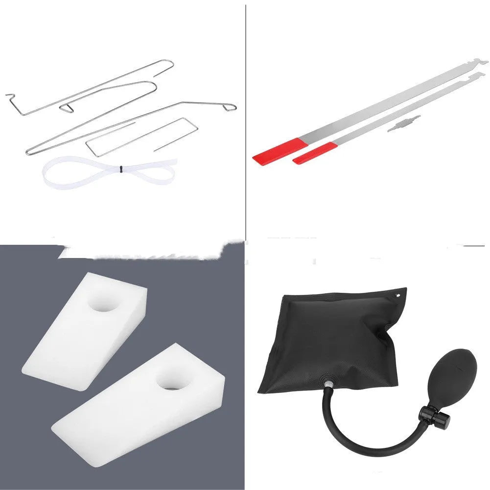 9-piece automotive maintenance aids set with air pump wedge, plastic wedges and hook tools
