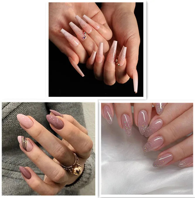 Box of 24 ballet gradient fake nails with smashed diamond powder in photo colour, trapezoid shape, ABS plastic