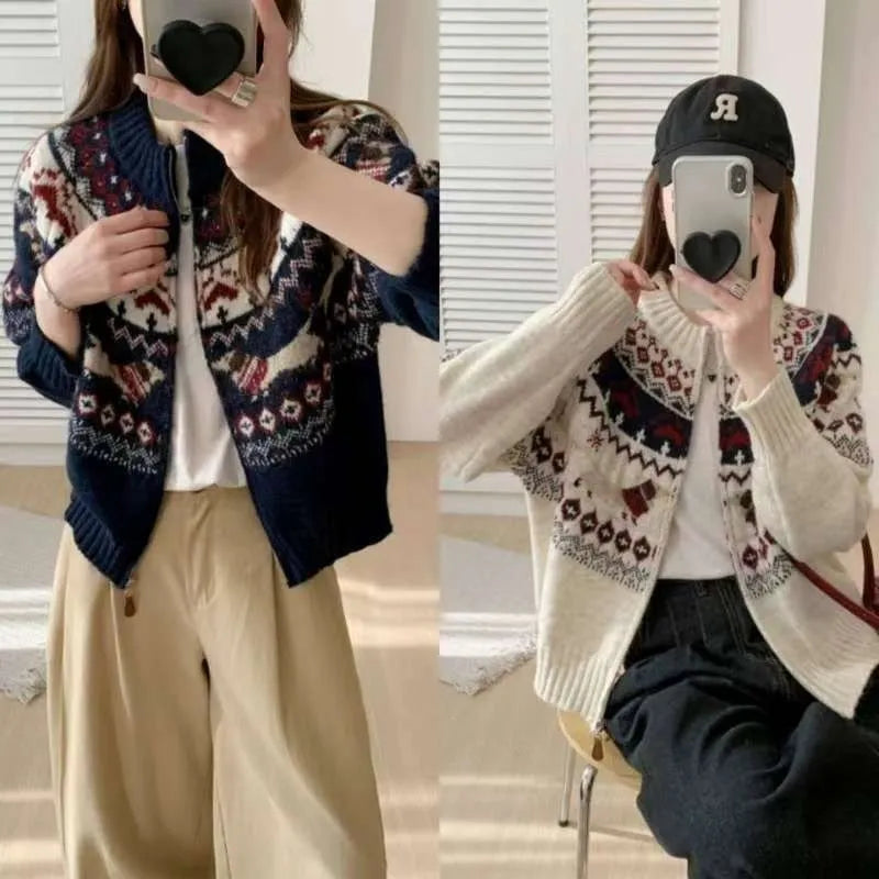 Ethnic style heavy industry jacquard round neck pullover sweater in apricot, loose fit, long sleeves, polyester fabric