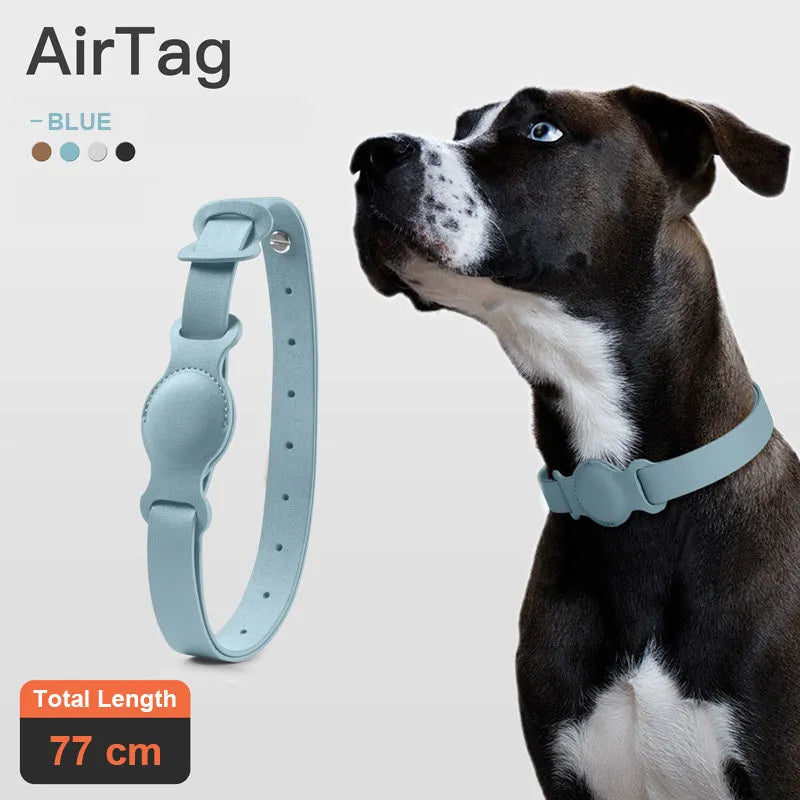 Leather pet collar AirTag holder in misty blue, adjustable 40cm, with silicone lining for anti-scratch protection
