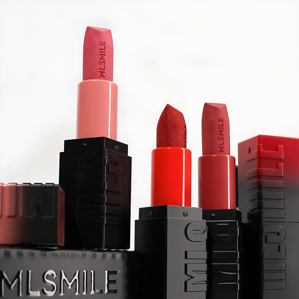 MLSMILE embossed lipstick three piece set showing three tubes in packaging box