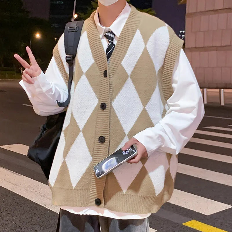 Men's V-neck cardigan sweater vest in solid colour, loose fit, sleeveless, spring autumn leisure wear