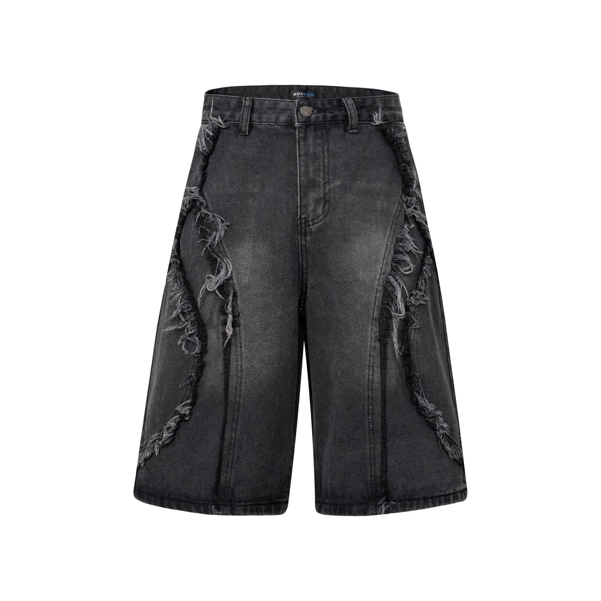 American Pu Shuai men's distressed raw edge denim shorts in straight-leg cropped cut.