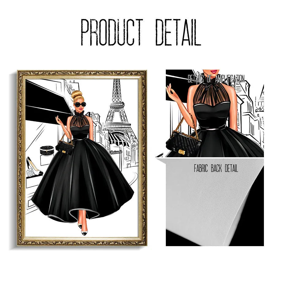 Modern cartoon canvas print wall art featuring a fashion bag girl with balloons and champagne.