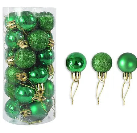 Assortment of 3cm shiny matte Christmas ball decorations in gold, red, silver, blue, and pink colours.