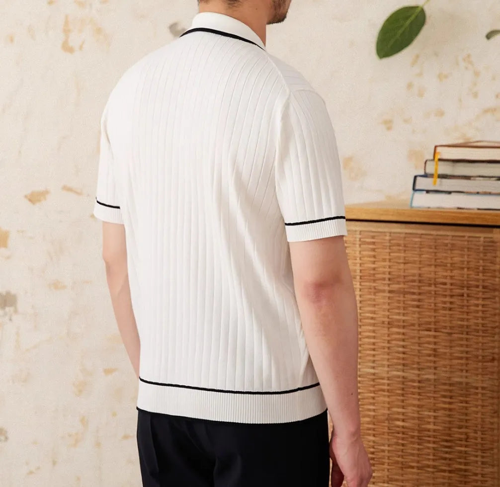 Slim elastic lapel polo shirt in black and white colour options showing front and detail views